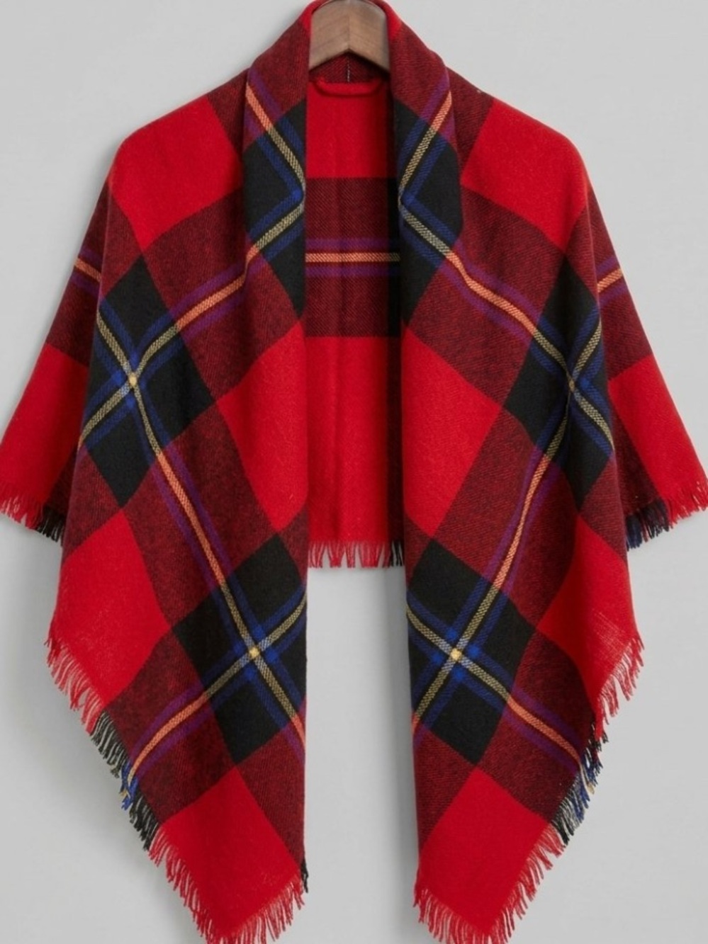 Red Plaid Open-Front Cape Wrap